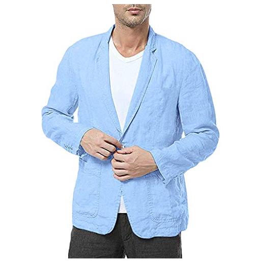 Xmiral Uomo giacca da uomo slim fit in lino misto tasca tinta unita manica lunga giacca giacca outwear (l, 3- azzurro)