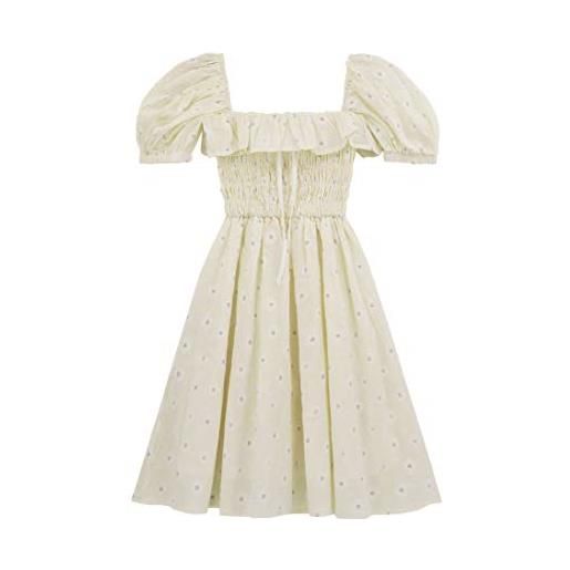 R.Vivimos summer casual a-line print puff sleeve ruffle hem square neck high waist mini swing dress(medium, beige)