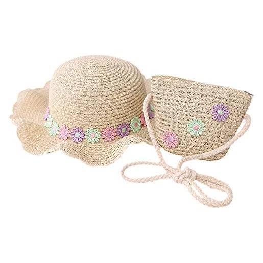rismart ragazze bambina cappello da sole in paglia e borsetta set tesa larga cappellino con fiori beige - piccolo fiore
