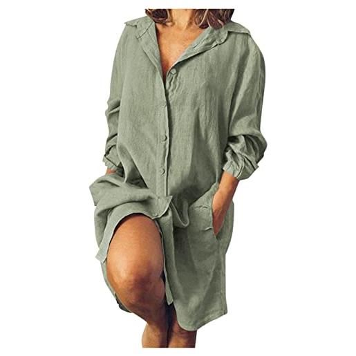 Generic camicia da donna in cotone e lino con scollo a v a maniche lunghe con tasca al ginocchio, verde, xxxl