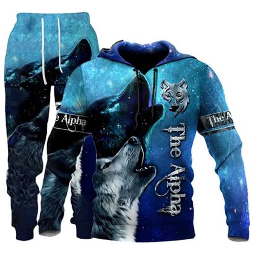 ATZTD giacca da uomo con cappuccio e pantaloni da uomo con stampa 3d autunnale invernale con animali casual (lupo 2,5xl)