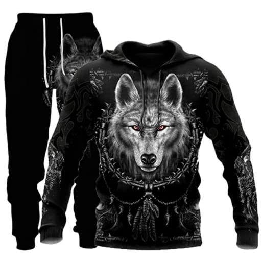 ATZTD giacca da uomo con cappuccio e pantaloni da uomo con stampa 3d autunnale invernale con animali casual (lupo 5, l)