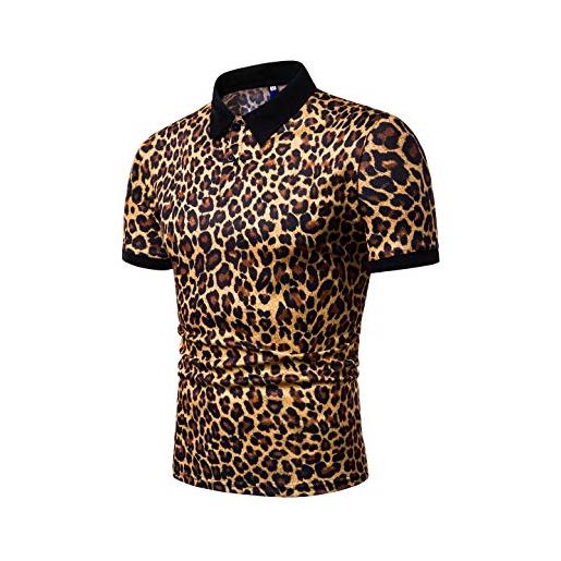 GUOCU polo uomo estate casual manica corta slim fit stampa leopardo maglietta t-shirt moda tops giallo s