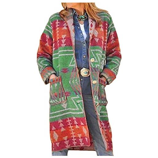 Onsoyours cappotto donna elegante cardigan invernale lungo boho casual vintage stile etnico stampa floreale taglia grossa cotone cappotti cardigan verde m