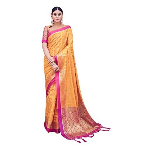 STYLE INSTANT sarees per donna banarasi art tessuto di seta sari, etnico indiano regalo di nozze sari con camicetta non cucita, giallo, etichettalia unica