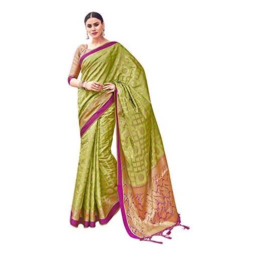 STYLE INSTANT sarees - sari da donna banarasi in tessuto di seta, etnico indiano regalo di nozze con camicetta non cucita, verde oliva, etichettalia unica