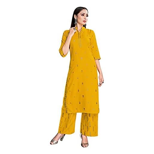 STYLE INSTANT kurti indiano da donna con pantaloni | abito con stampa in lamina di rayon kurtis kurta per donne top set, giallo, xxl