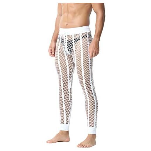 FEOYA pigiama da uomo sexy mesh hollow pantaloni sexy pigiama pantaloni intimo pantaloni lunghi a rete coulisse vedere attraverso leggings pigiameria biancheria da notte, bianco, s
