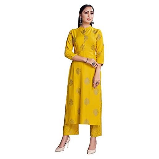 STYLE INSTANT kurti indiano da donna con pantaloni | abito kurtis kurta stampato in lamina di rayon per donne top, arancione, l