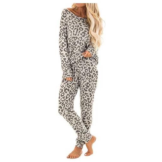 IPOTCH harpily pigiama tuta da donna set pigiama due pezzi lungo in cotone con leopardato set di pantaloni invernale caldo pigiamoni abbigliamento per il tempo libero salotto (l)