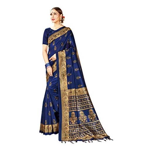 STYLE INSTANT sarees per donna mysore art seta stampato saree, regalo etnico indiano tradizionale matrimonio sari con camicetta non cucita, blu navy, etichettalia unica