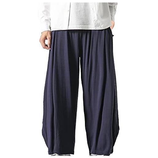 Chejarity pantaloni uomo eleganti pantaloni a gamba larga da uomo con pantaloni casual larghi hakama a doppio in cotone e lino migliorati