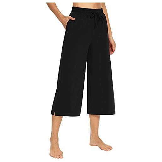 FEOYA pantaloni estivi da donna a 3/4, in cotone, per il tempo libero, con gamba larga, con elastico in vita nero l