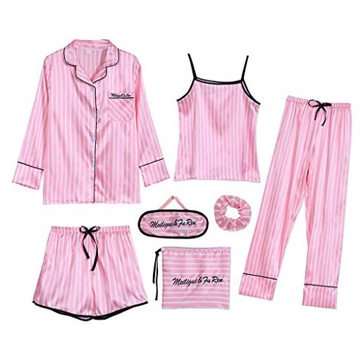 Generic set pigiama da donna 7 pezzi seta rosa a righe stampa lunga pigiama corto loungewear m