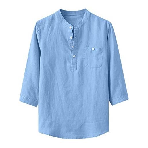 Xmiral camicie uomo baggy cotone lino tinta unita manica a tre quarti tasca colletto rialzato (l, blu)