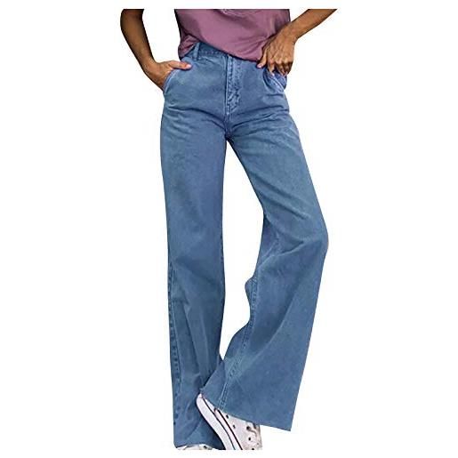 Generic pantaloni da donna casual tinta unita gamba larga sciolta a vita alta jeans a gamba dritta western jean pantaloni di moda comodi panta, blu, s