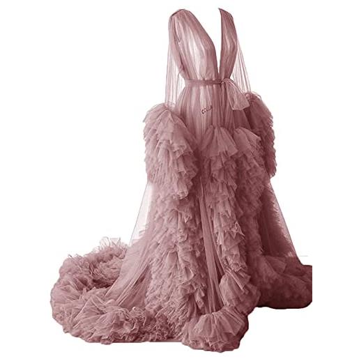 KURFACE vestaglia per maternità photoshoot prospettiva pura lunga vestaglia gonfia tulle abito trasparente, rosa polvere, 48