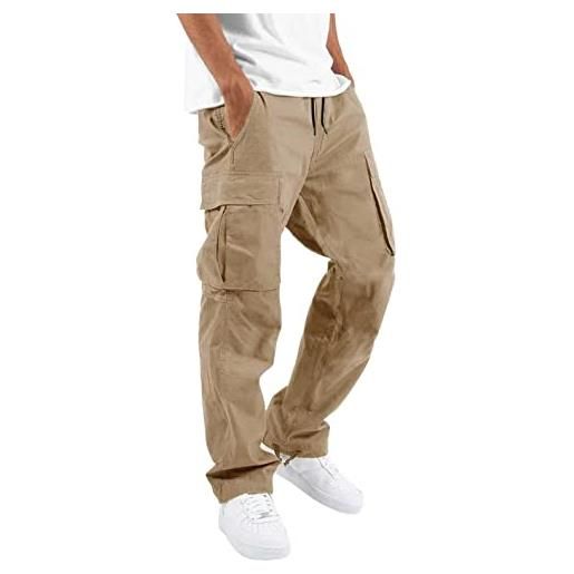 URIBAKY jogging pantaloni della tuta cintura elastica sport cargo pantaloni con tasche joggers activewear pantaloni da uomo, beige, l