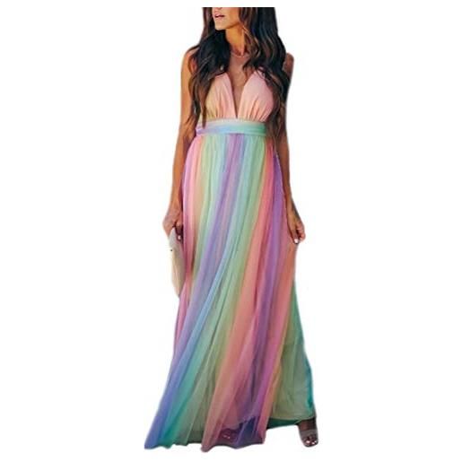 Huixin elegante donna lunga vestiti v profondo spaghetti multicolore vestito lungo vestito estivi tulle vestito (multicolore, l)