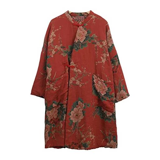 NFYM giacca in cotone da donna stile kimono morbido trapuntato fiore stampato lungo allentato outwear cappotti con tasche, rosso, taglia unica più