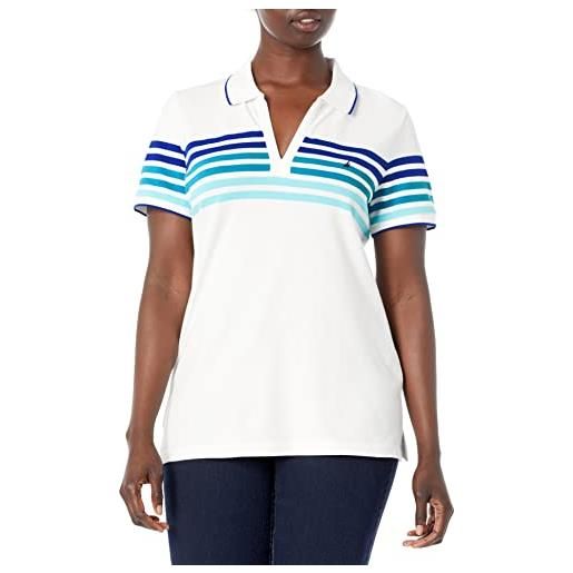 Nautica women's classic fit striped v-neck collar stretch cotton polo shirt, bright cobalt, large