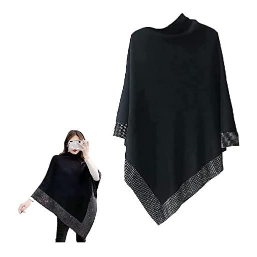 PETSBURG scialle di lana da donna, scialle in cashmere per donna, poncho irregolare, strass capelet, nero , etichettalia unica