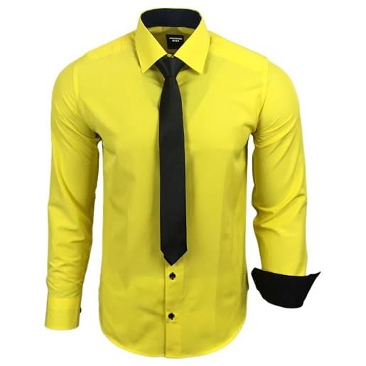 Subliminal Mode - camicia da uomo a maniche lunghe, colletto bicolore tinta unita + cravatta nera camicia aderente da lavoro facile da stirare rn77, bianco, l