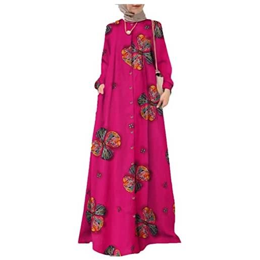Suncolour abito da donna in cotone e lino abito casual a camicia allentata camicia lunga taglie forti abito lungo caftano arabo musulmano