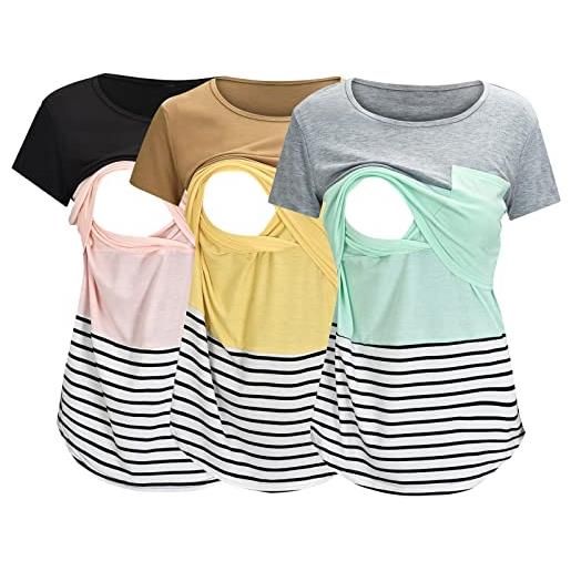 Generic maglietta da allattamento a maniche corte da donna con scollo rotondo, a righe, stampata, maglietta per l'allattamento, confezione da 3 vestiti premaman, grigio. , s