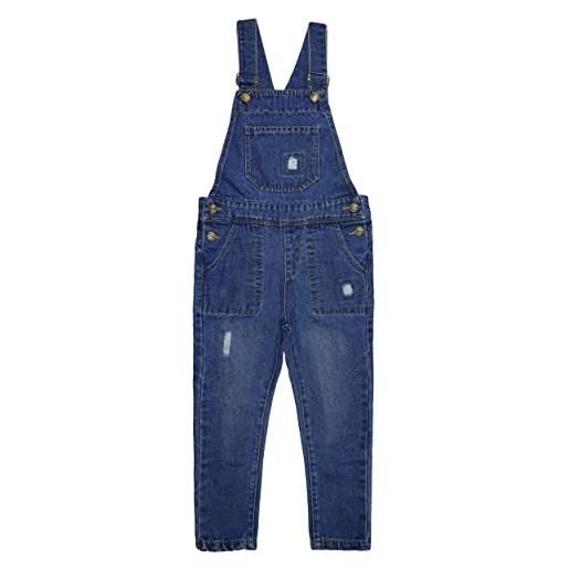 KIDSCOOL SPACE salopette di jeans da ragazzo, tasche grandi con bavaglino strappato lavato tuta di jeans morbida moda, blue, 11-12 anni