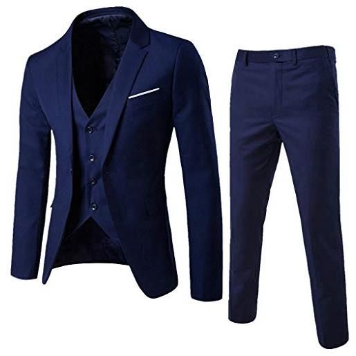 FSFA 3 pezzi costume da uomo giacca + gilet + pantaloni costume da festa di matrimonio d'affari elegante maniche lunghe con bottone, marino, m