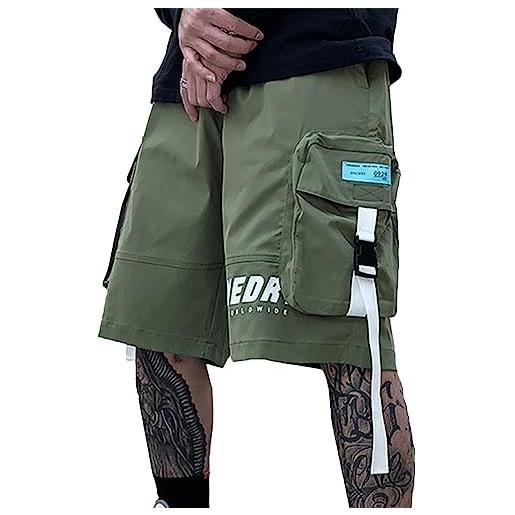 ORANDESIGNE pantaloncini da uomo estivi techwear shorts harajuku hip hop punk streetwear pantaloncini cargo per jogging maschili nastri vestiti larghi f verde l
