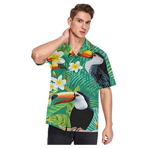 KAAVIYO uccello pappagallo tucano tropicale floreale camicia hawaiana da uomo manica corta casual abbottonatura frontale pantaloncini da spiaggia