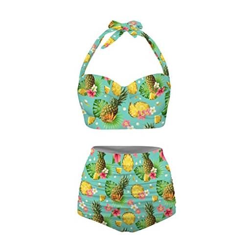Dolyues bikini halter set 2 pezzi string bikini costume da bagno top con vita alta, ananas verde, l