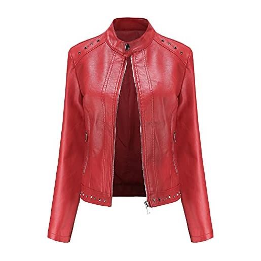 E-girl c5092n - giacca da donna in pelle sottile, corta, con colletto alto, chiusura lampo, per la primavera e l'autunno, colore: rosso, 48