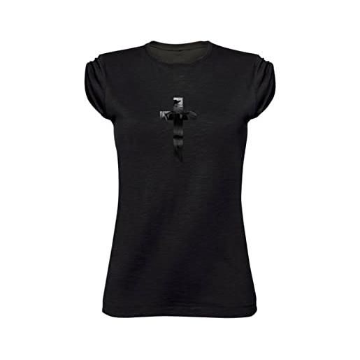 Vestin t-shirt donna girocollo taglio vivo 100% cotone pettinato fiammato -croce leone - made in italy (xl, nero)