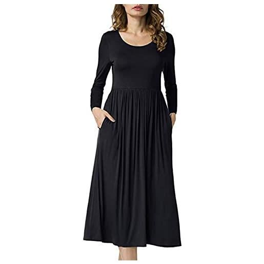 Greensen abito da donna a maniche lunghe tinta unita abito da donna elegante abito casual con scollo tondo abito casual con tasche(s-nero)