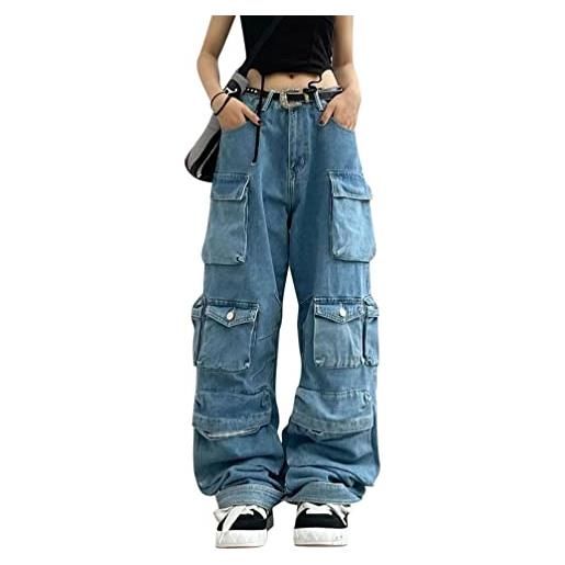 Minetom jeans cargo donna larghi pantaloni cargo molteplici tasche pantalone denim pantaloni sportiva streetwear f blu m