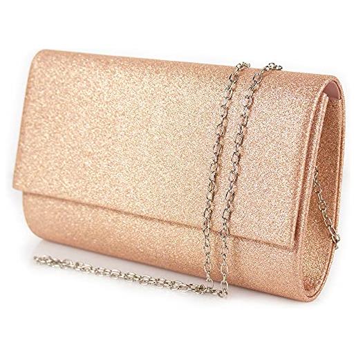 Emila pochette rose gold donna elegante da cerimonia borsa piccola gioiello clutch borsetta glitter oro rosa a mano cipria e dorata da sera