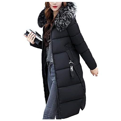 Minetom donna invernali giacca lungo caldo cappotto con cappuccio collo di peluche casual piumino parka trench coat outwear antivento nero 44