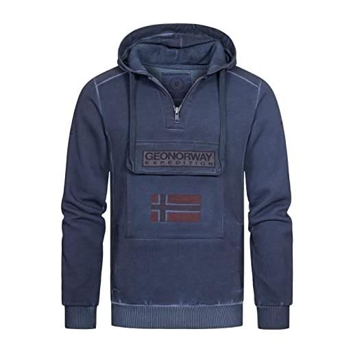 Geographical Norway gymclass - felpa con cappuccio da uomo, look lavato, tasca sul petto, mezza zip, con cappuccio e ricami, blu navy, l