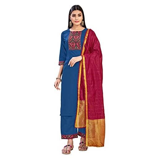 STYLE INSTANT kurti indiano da donna con pantaloni e dupatta in seta artistica | rayon stampato readymade kurtis kurta per donne top, blu, l