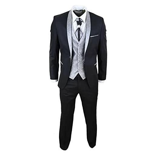 Tru Clothing abito completo nero da sposo con chiusura a 2 bottoni in 4 pezzi con colletto a scialle e cravatta, vestibilità su misura, stile classico 36
