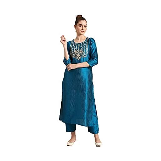 Vastraghar kurta set da donna con palazzo party wear indiano kurti tunica top set per le donne con pantaloni pantaloni, blu & dorato, x-large
