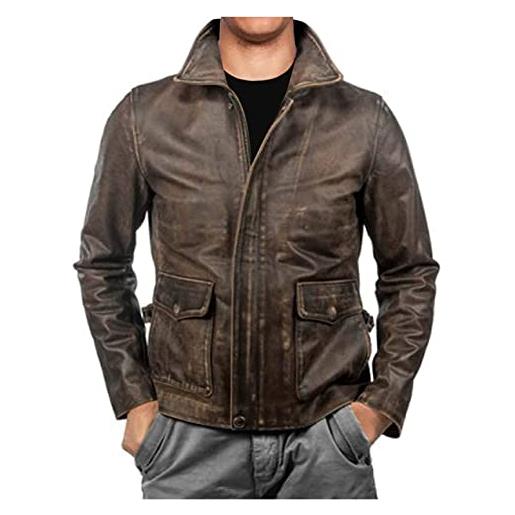 MAXDUD giacca vintage da uomo in vera pelle di vacchetta indiana marrone invecchiato harrison bomber giacca in pelle, marrone distressed - vera pelle di vacchetta, 2xl