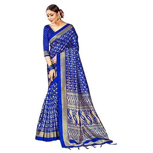 STYLE INSTANT sarees - sari da donna mysore art in seta, con stampa etnica, regalo etnico, indiano tradizionale per matrimonio, con camicetta non cucita, blu, etichettalia unica