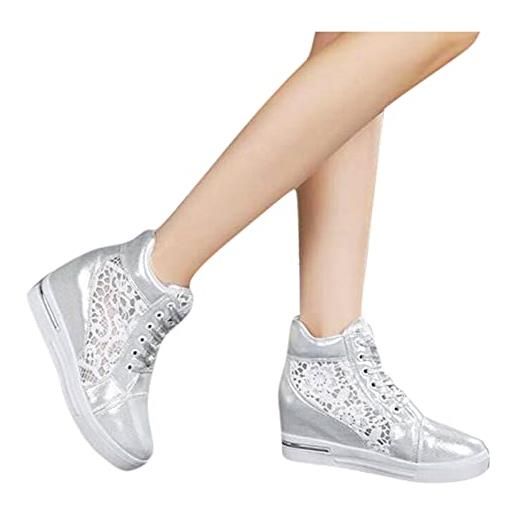 Generic scarpe da sposa da donna bianche con zeppa: sneakers scarpe da ginnastica zeppe, scarpe da ginnastica traspiranti, in pizzo, scarpe casual estive, scarpe da corsa all'aperto, con plateau, bianco, 40