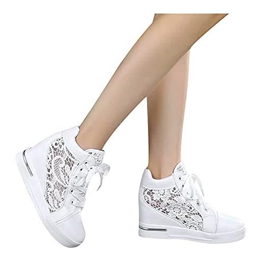 Generic scarpe da sposa da donna bianche con zeppa: sneakers scarpe da ginnastica zeppe, scarpe da ginnastica traspiranti, in pizzo, scarpe casual estive, scarpe da corsa all'aperto, con plateau, argento, 38