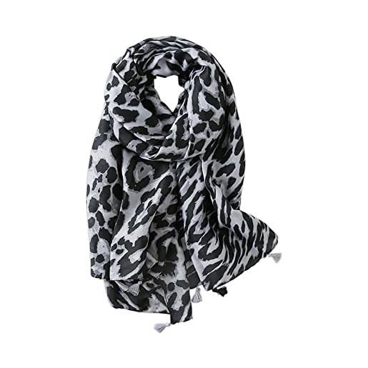 LumiSyne sciarpa donna moda leopardo stampa animalier classiche vintage foulard in cotone e lino con nappa lungo calda stole protezione solare scialle quattro stagioni