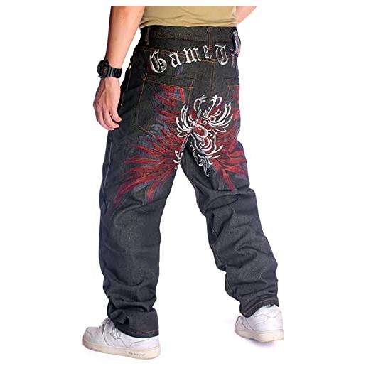 SCYDAO jeans larghi per gli uomini relaxed fit ricamo hip hop jeans skateboard gamba larga denim pants, black a, 32